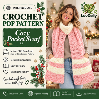 Crochet Pocket Scarf Pattern PDF | Cozy Winter Scarf with Pockets | Easy Women’s Crochet Accessory | Beginner Friendly Digital Download