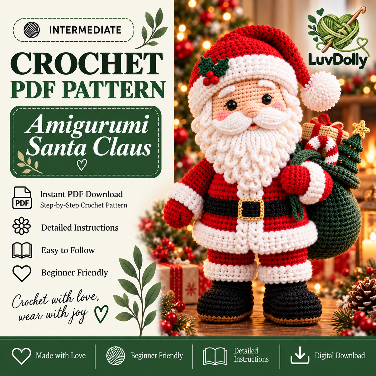 Santa Claus Crochet Pattern PDF | Christmas Amigurumi Doll with Gift Sack | Holiday Decor & Handmade Gift | Digital Download