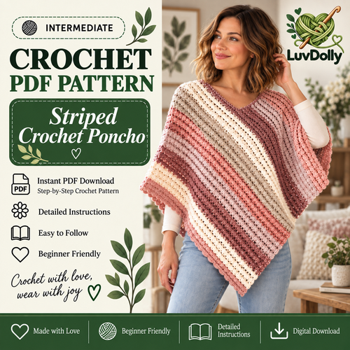 Striped Crochet Poncho Pattern PDF | Easy V-Neck Women’s Poncho | 3 Colorways | Cozy Layering Top Crochet Pattern Digital Download