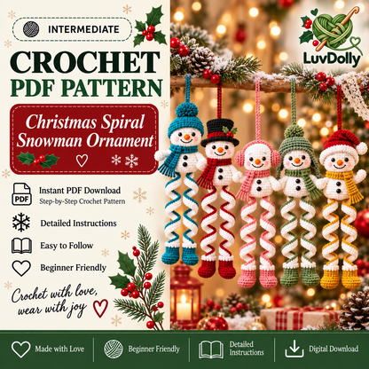 5-in-1 Snowman Crochet Ornament Pattern PDF | Christmas Spiral Hanging Decorations | Amigurumi Snowmen | Holiday Digital Download