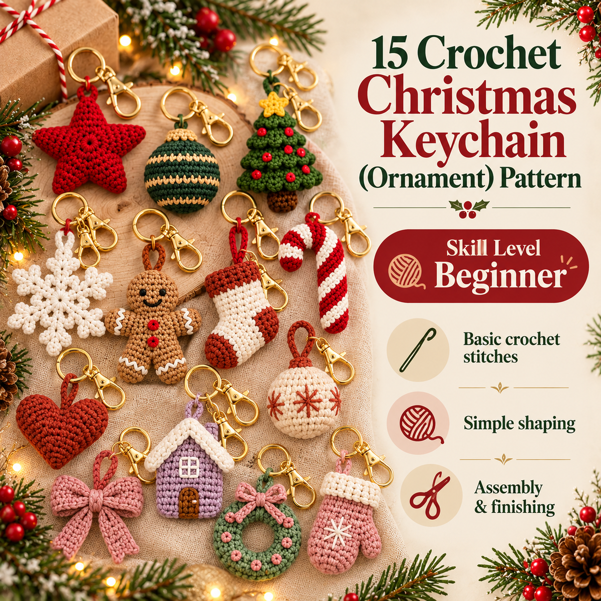 15 Christmas Ornament Crochet Patterns PDF | Holiday Keychain & Tree Decor Bundle