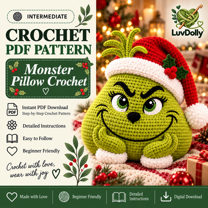 Green Holiday Monster Pillow Crochet Pattern PDF | Christmas Amigurumi Cushion | Festive Home Decor | Instant Digital Download