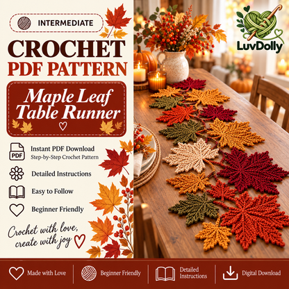 Autumn Maple Leaf Table Runner Crochet Pattern PDF | 3 Leaf Sizes | Fall Thanksgiving Table Decor | Beginner Friendly Digital Download