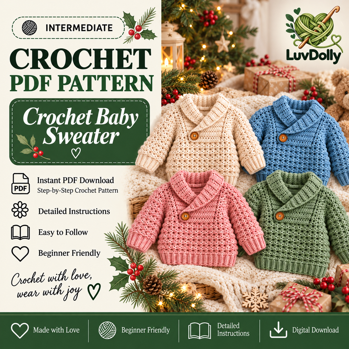 Crochet Baby Sweater Pattern PDF | Cozy Shawl Collar Pullover | Textured Baby & Toddler Sweater | 4 Colorways Digital Download