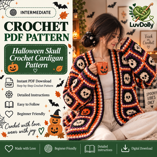 Halloween Skull Crochet Cardigan Pattern PDF | Gothic Granny Square Sweater | Spooky Skeleton Cardigan | Halloween Crochet Pattern | Digital Download