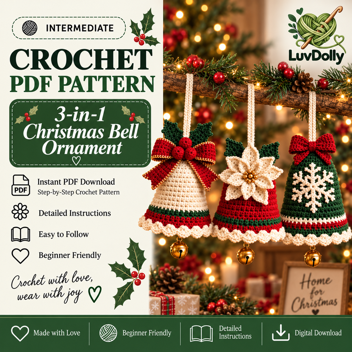 3-in-1 Christmas Bell Crochet Pattern PDF | Bow, Poinsettia & Snowflake Ornaments | 3D Holiday Tree Decor | Instant Download