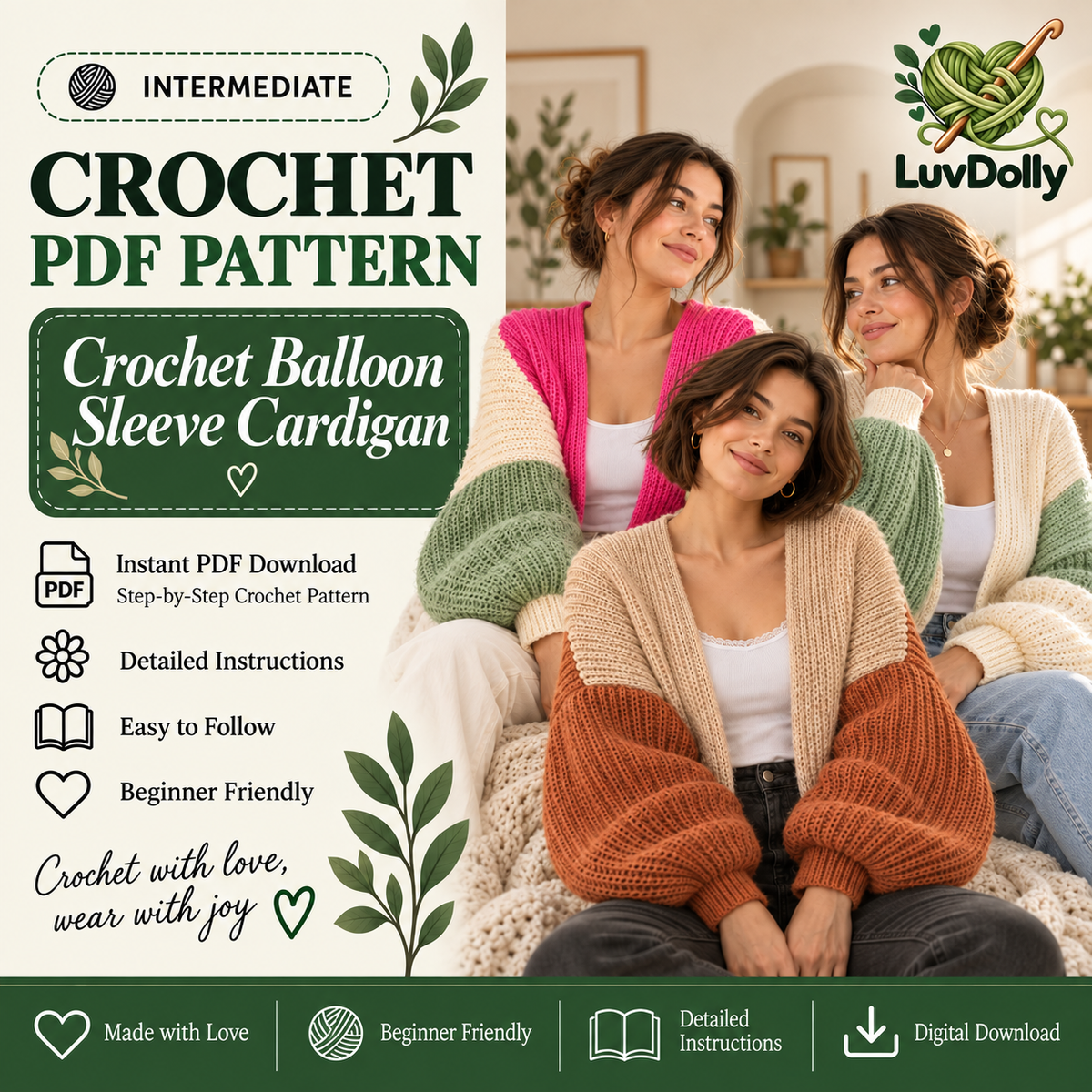Crochet Balloon Sleeve Cardigan Pattern PDF | Oversized Women’s Cardigan | Cozy Statement Sleeve Sweater | 3 Colorways Digital Download