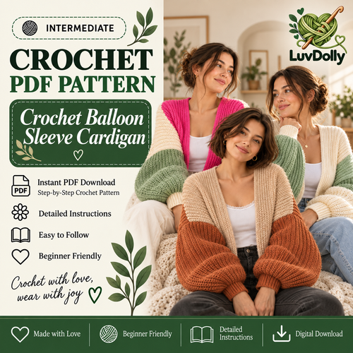 Crochet Balloon Sleeve Cardigan Pattern PDF | Oversized Women’s Cardigan | Cozy Statement Sleeve Sweater | 3 Colorways Digital Download