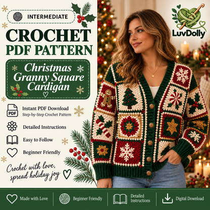 Christmas Granny Square Cardigan Crochet Pattern PDF | Holiday Patchwork Sweater | Snowflake Tree Gingerbread Crochet Cardigan | Sizes XS–3XL | Digital Download
