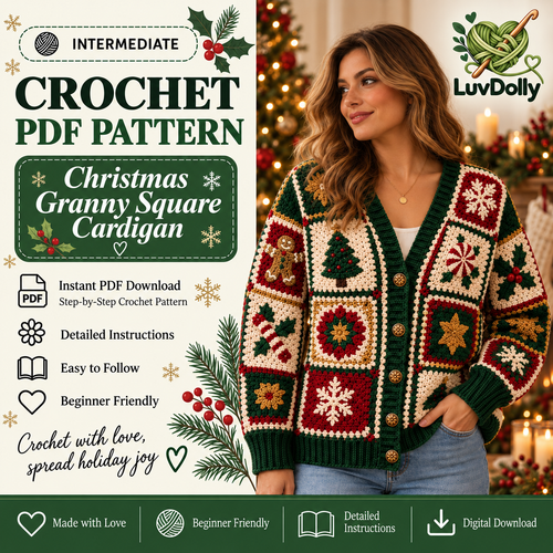 Christmas Granny Square Cardigan Crochet Pattern PDF | Holiday Patchwork Sweater | Snowflake Tree Gingerbread Crochet Cardigan | Sizes XS–3XL | Digital Download