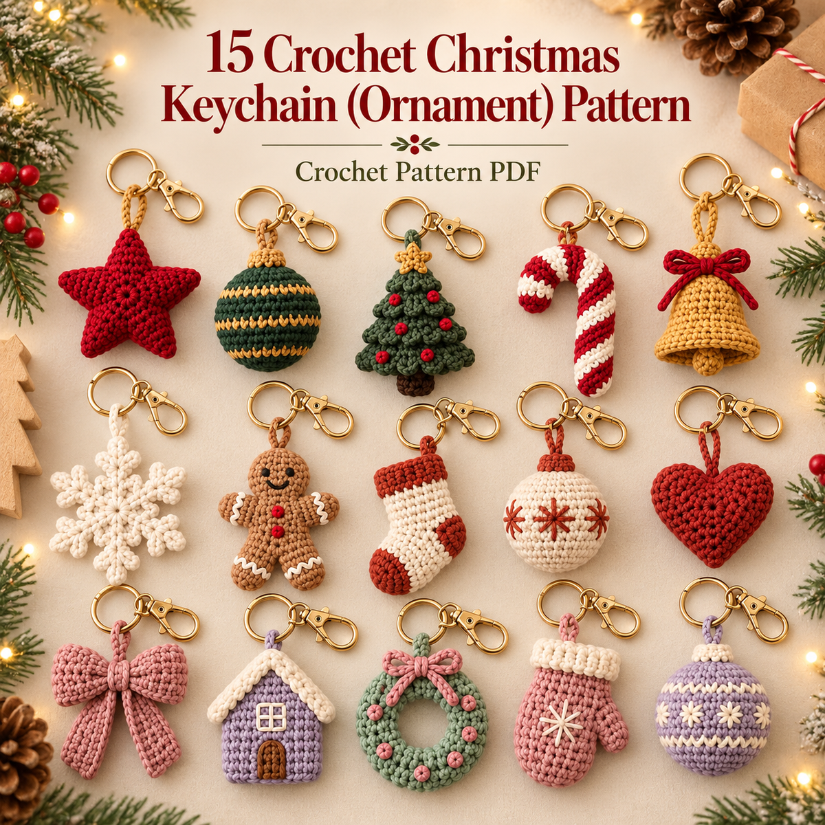 15 Christmas Ornament Crochet Patterns PDF | Holiday Keychain & Tree Decor Bundle