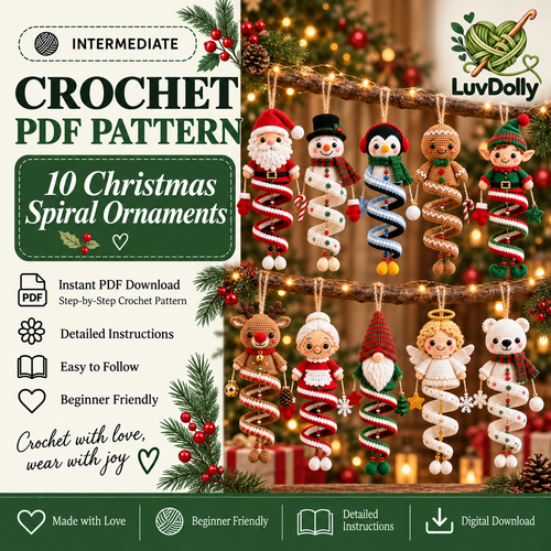 10-in-1 Christmas Spiral Ornament Crochet Pattern Bundle PDF | Santa, Snowman, Reindeer, Elf, Gnome & Angel Hanging Amigurumi Decor