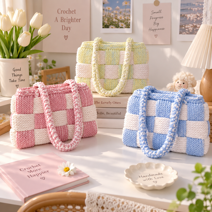 Woven Checkered Crochet Tote Bag Pattern PDF, Two Color Shoulder Bag Crochet Pattern, Modern Textured Handbag Digital Download