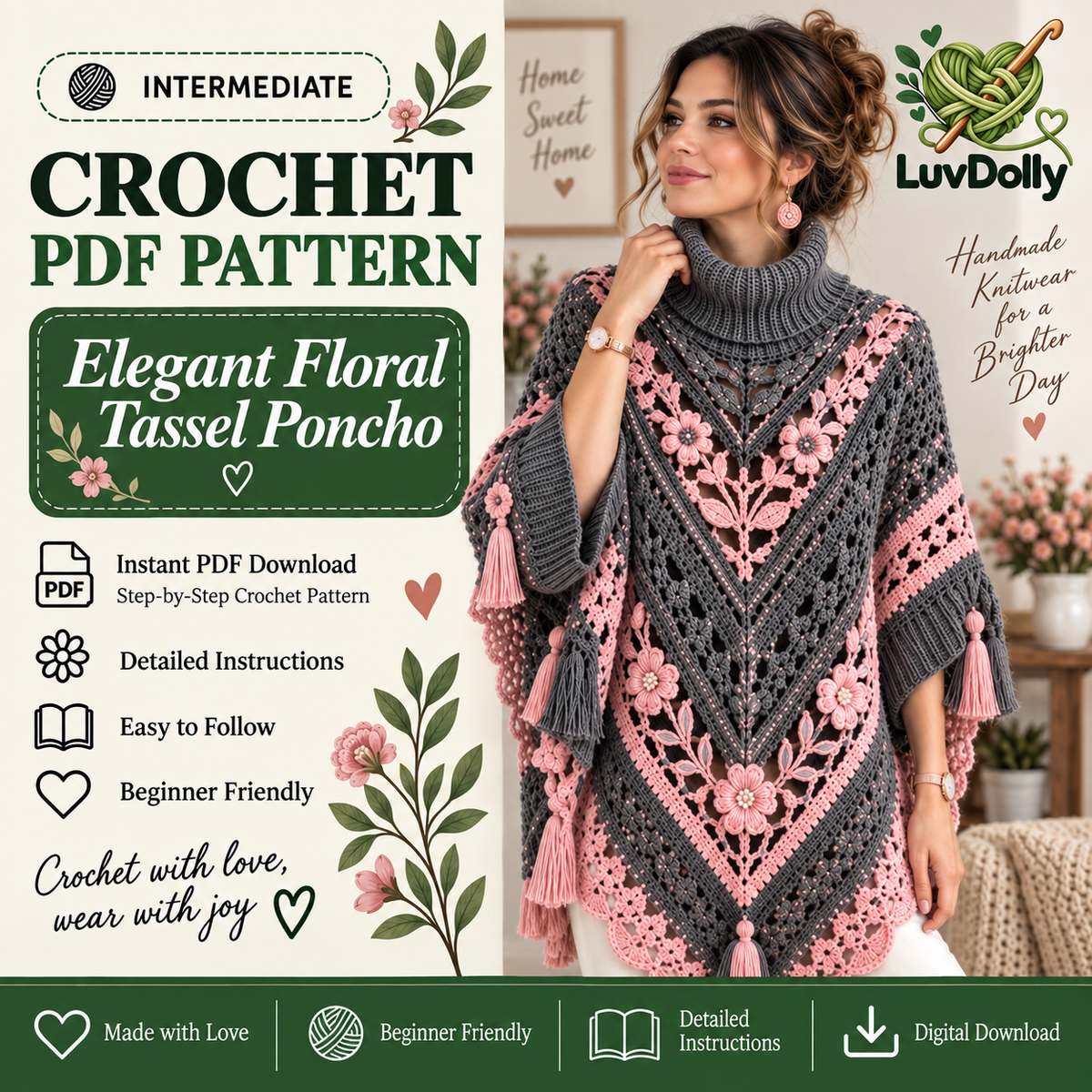 Elegant Floral Poncho Crochet Pattern PDF | Women’s Turtleneck Poncho with Flowers & Tassels | Boho Crochet Clothing | Digital Download