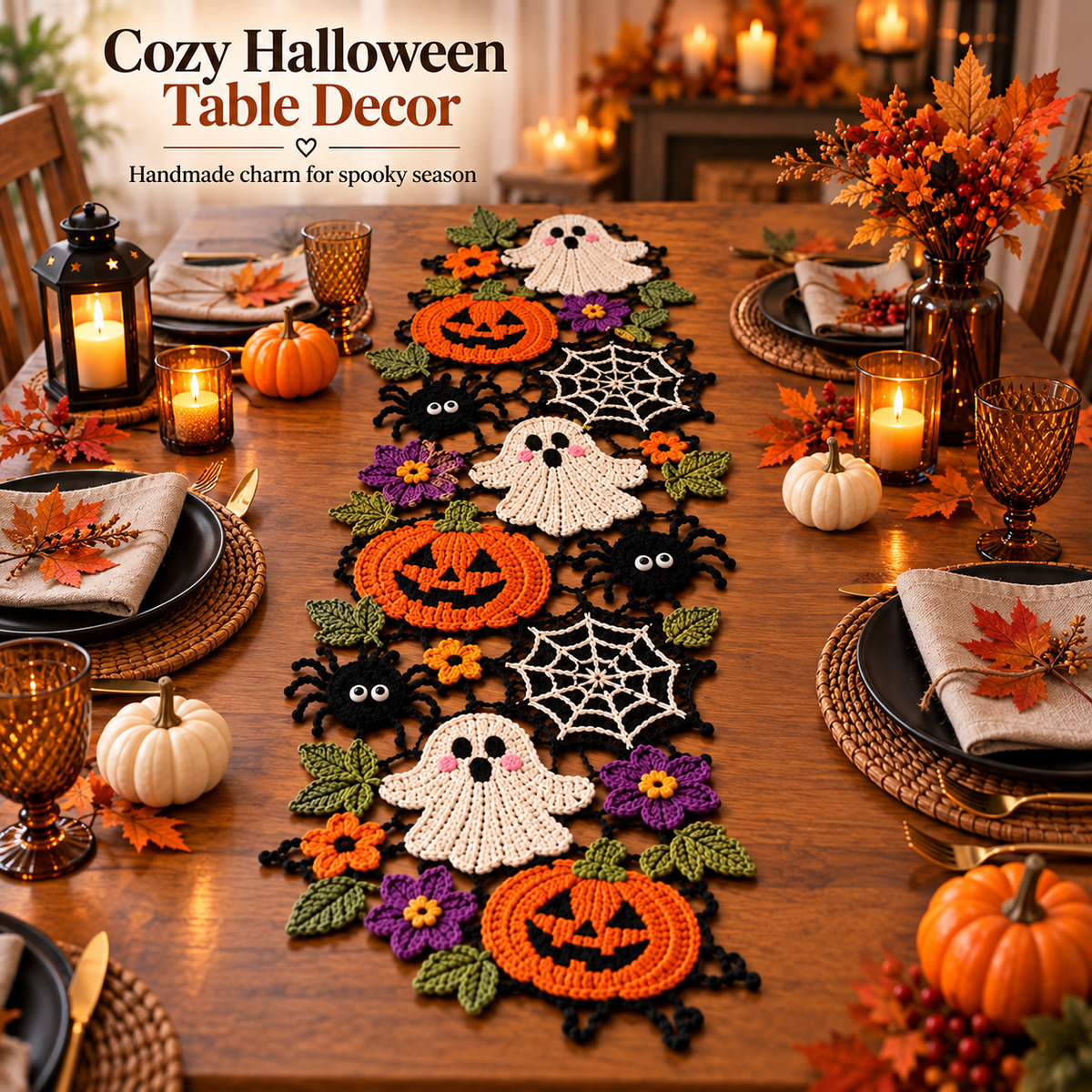 Halloween Crochet Table Runner Pattern PDF | Pumpkin Ghost Spider & Spiderweb Motifs | Spooky Fall Table Decor | Halloween Crochet Decoration