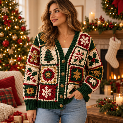 Christmas Granny Square Cardigan Crochet Pattern PDF | Holiday Patchwork Sweater | Snowflake Tree Gingerbread Crochet Cardigan | Sizes XS–3XL | Digital Download