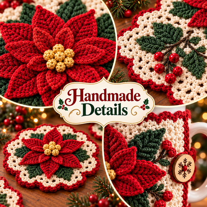 Poinsettia Christmas Crochet Pattern Bundle PDF | Table Runner, Mug Cozy & Coaster Set | Holiday Home Decor | Digital Download