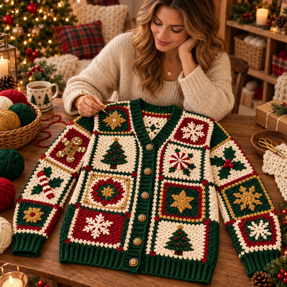 Christmas Granny Square Cardigan Crochet Pattern PDF | Holiday Patchwork Sweater | Snowflake Tree Gingerbread Crochet Cardigan | Sizes XS–3XL | Digital Download