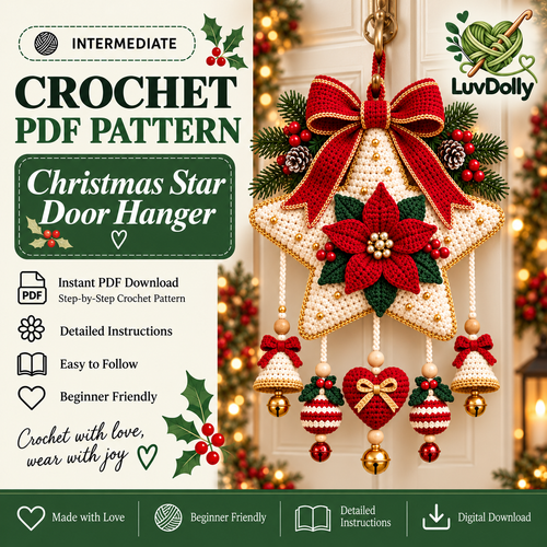 Christmas Star Door Hanger Crochet Pattern PDF | Poinsettia, Bells & Ornaments | Holiday Wall Decor | Digital Download