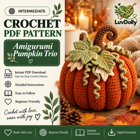 Crochet Pumpkin Pattern PDF | 3-Size Amigurumi Harvest Pumpkin | Layered Leaf & Curly Vine Fall Decor | Thanksgiving Crochet Pattern | Digital Download