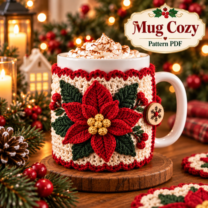 Poinsettia Christmas Crochet Pattern Bundle PDF | Table Runner, Mug Cozy & Coaster Set | Holiday Home Decor | Digital Download