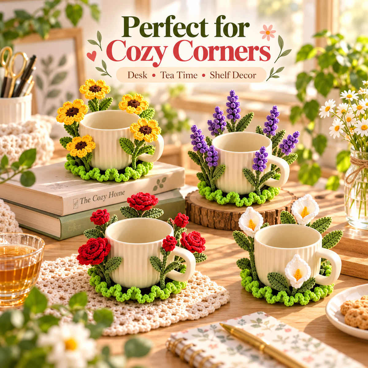 10+ Flower Mug Coaster Crochet Patterns PDF | Sunflower, Rose, Tulip & Lavender Designs | Floral Cup Decor Digital Download