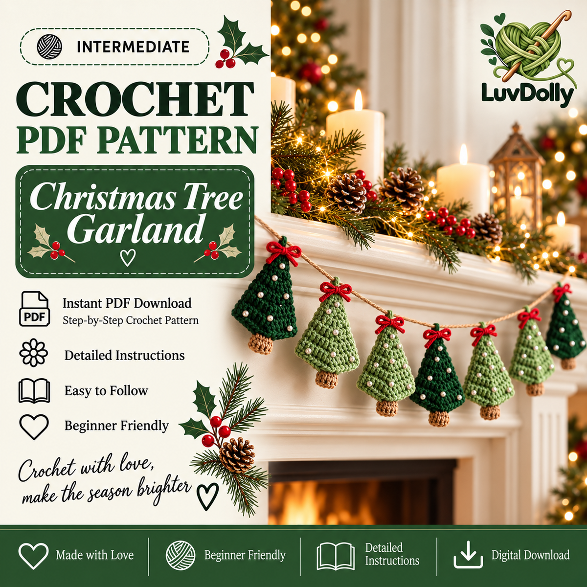 Christmas Tree Garland Crochet Pattern PDF | Mini Crochet Trees | Holiday Mantel Decor | Xmas Ornament Garland Digital Download