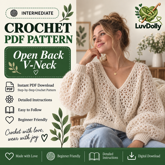 Open Back V-Neck Crochet Sweater Pattern PDF | Lace Oversized Pullover | Made-to-Measure Women's Crochet Top + Video Tutorial