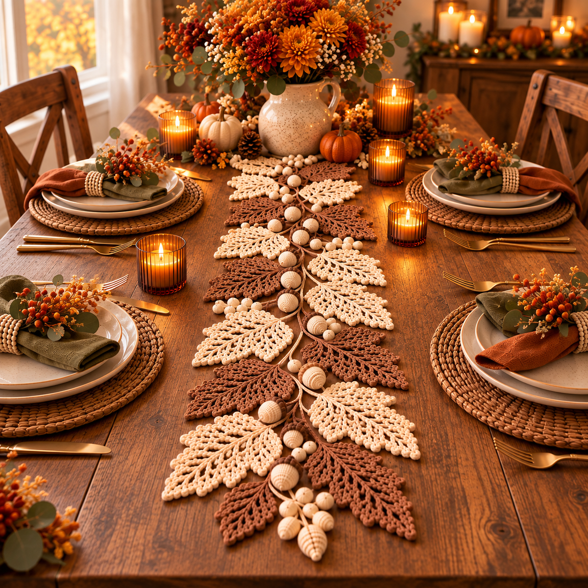 Autumn Leaf Table Runner Crochet Pattern PDF | Neutral Fall Garland with Leaves & Berries | Thanksgiving Farmhouse Decor | Digital Download