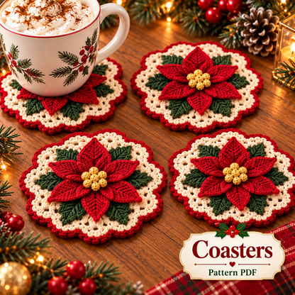Poinsettia Christmas Crochet Pattern Bundle PDF | Table Runner, Mug Cozy & Coaster Set | Holiday Home Decor | Digital Download