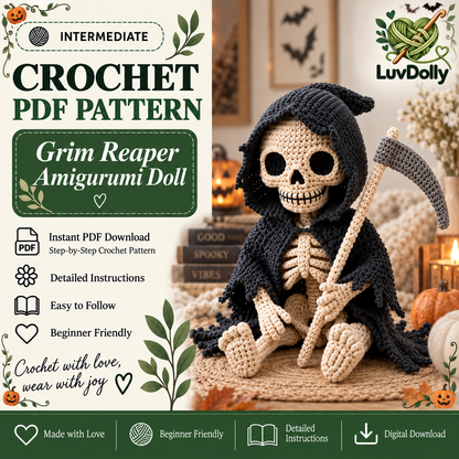 Grim Reaper Skeleton Crochet Pattern PDF | Gothic Amigurumi Doll with Scythe | Halloween Crochet Decor | 4 Languages | Instant Download