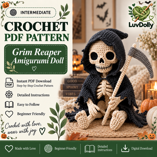 Grim Reaper Skeleton Crochet Pattern PDF | Gothic Amigurumi Doll with Scythe | Halloween Crochet Decor | 4 Languages | Instant Download