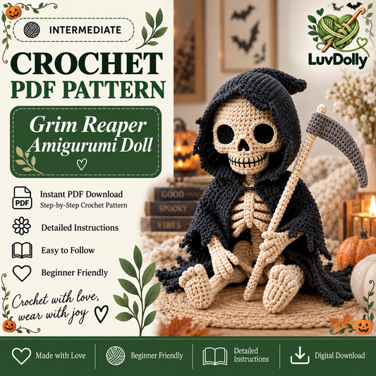 Grim Reaper Skeleton Crochet Pattern PDF | Gothic Amigurumi Doll with Scythe | Halloween Crochet Decor | 4 Languages | Instant Download