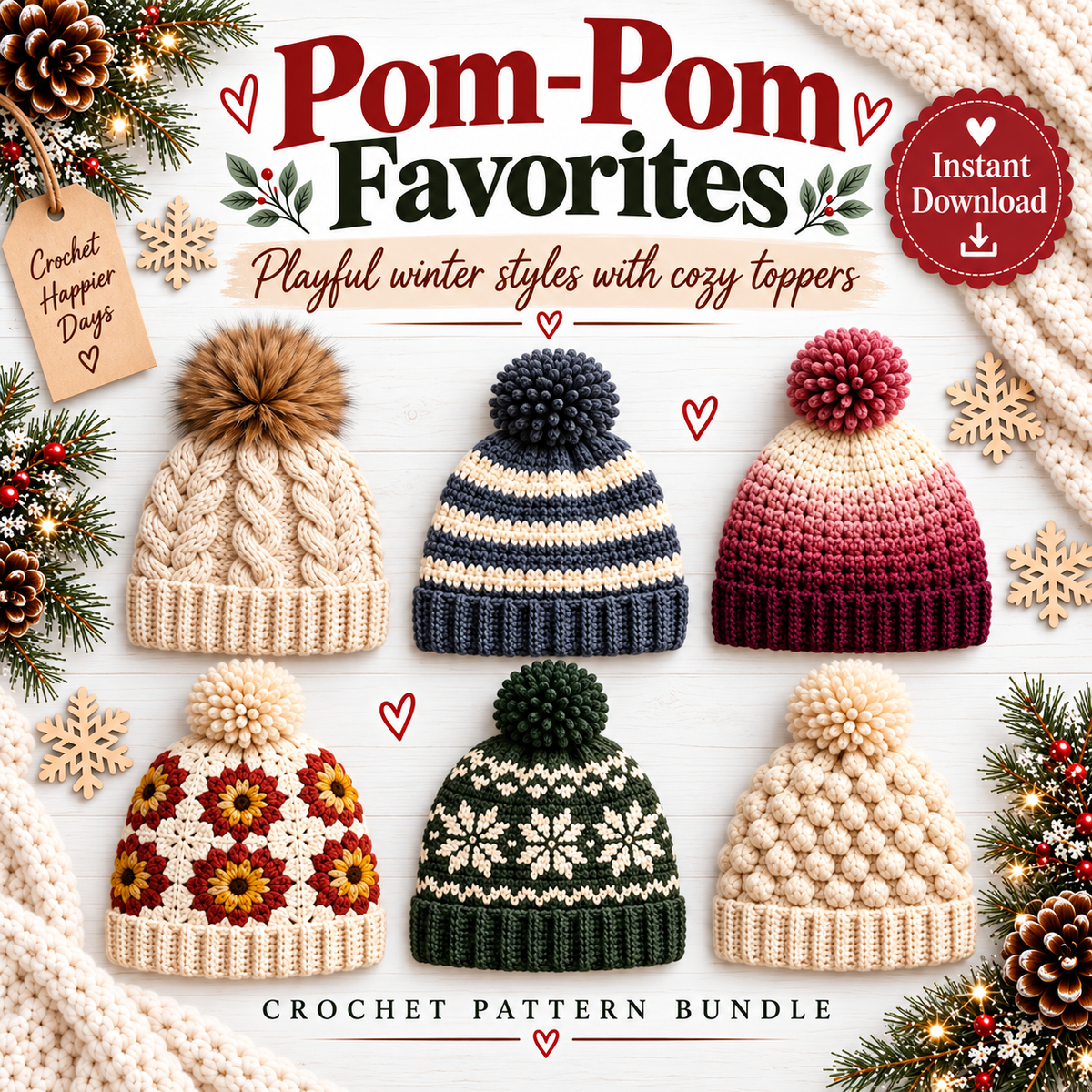 25 Winter Crochet Hat Patterns Bundle PDF | Beanies, Pom-Pom Hats, Earflaps & Colorwork | Cozy Winter Accessories Digital Download