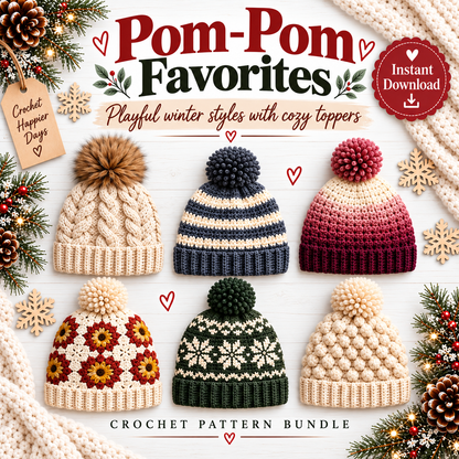25 Winter Crochet Hat Patterns Bundle PDF | Beanies, Pom-Pom Hats, Earflaps & Colorwork | Cozy Winter Accessories Digital Download
