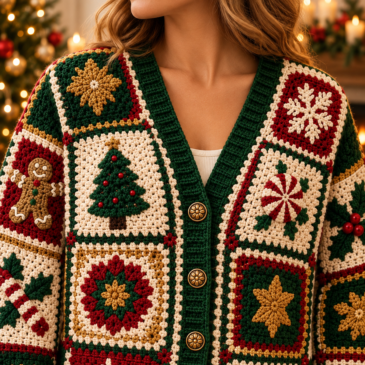 Christmas Granny Square Cardigan Crochet Pattern PDF | Holiday Patchwork Sweater | Snowflake Tree Gingerbread Crochet Cardigan | Sizes XS–3XL | Digital Download