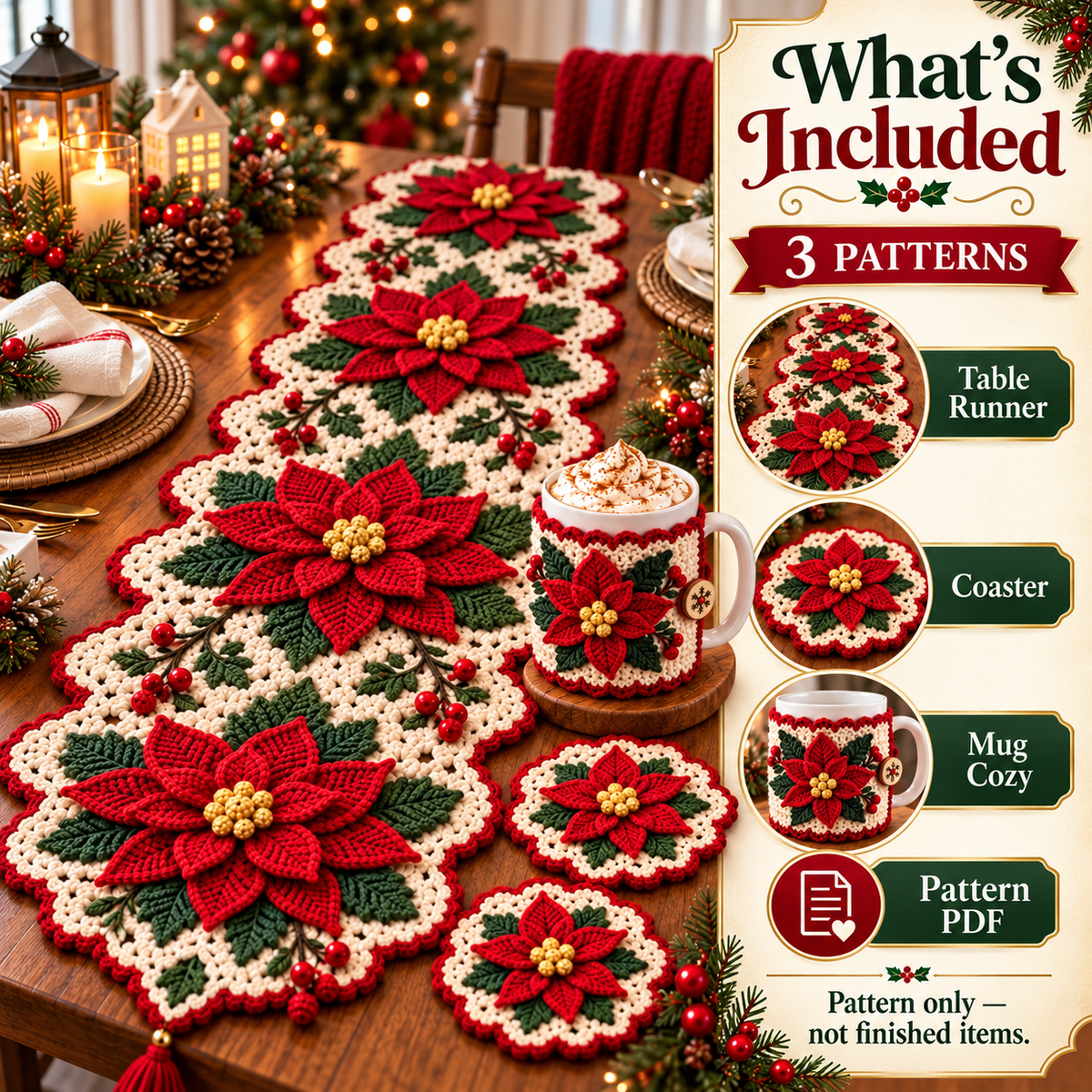 Poinsettia Christmas Crochet Pattern Bundle PDF | Table Runner, Mug Cozy & Coaster Set | Holiday Home Decor | Digital Download