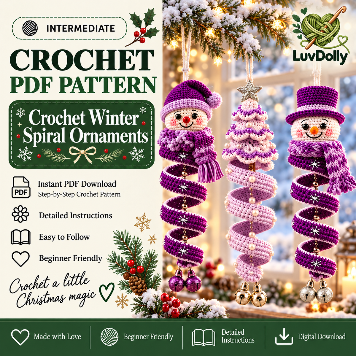 3-in-1 Winter Spiral Ornament Crochet Pattern PDF | Snowman & Christmas Tree Hanging Decor | Holiday Window Ornament Digital Download