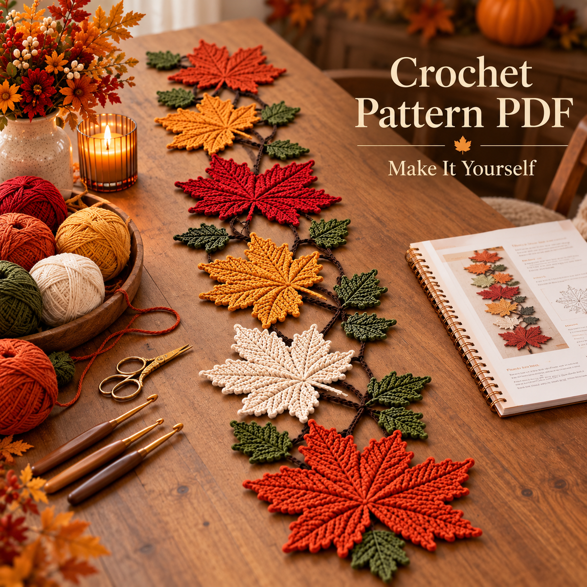 Autumn Maple Leaf Table Runner Crochet Pattern PDF | Fall Leaf Garland | Thanksgiving Table Decor | Digital Download