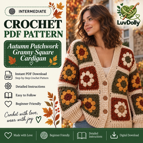 Autumn Granny Square Cardigan Crochet Pattern PDF | Floral Patchwork Sweater with V-Neck | Cozy Fall Crochet | Digital Download