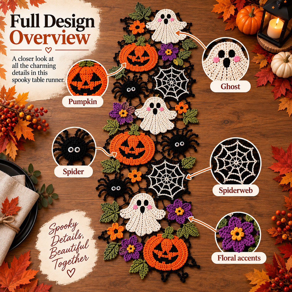 Halloween Crochet Table Runner Pattern PDF | Pumpkin Ghost Spider & Spiderweb Motifs | Spooky Fall Table Decor | Halloween Crochet Decoration