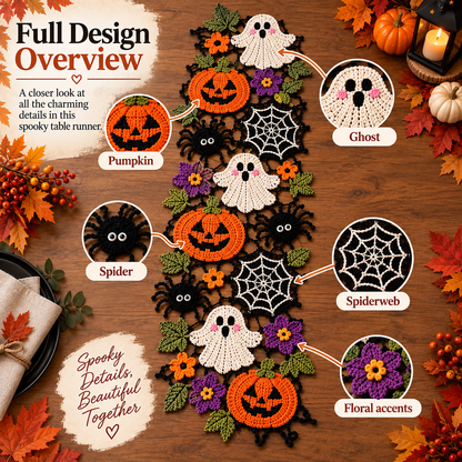 Halloween Crochet Table Runner Pattern PDF | Pumpkin Ghost Spider & Spiderweb Motifs | Spooky Fall Table Decor | Halloween Crochet Decoration