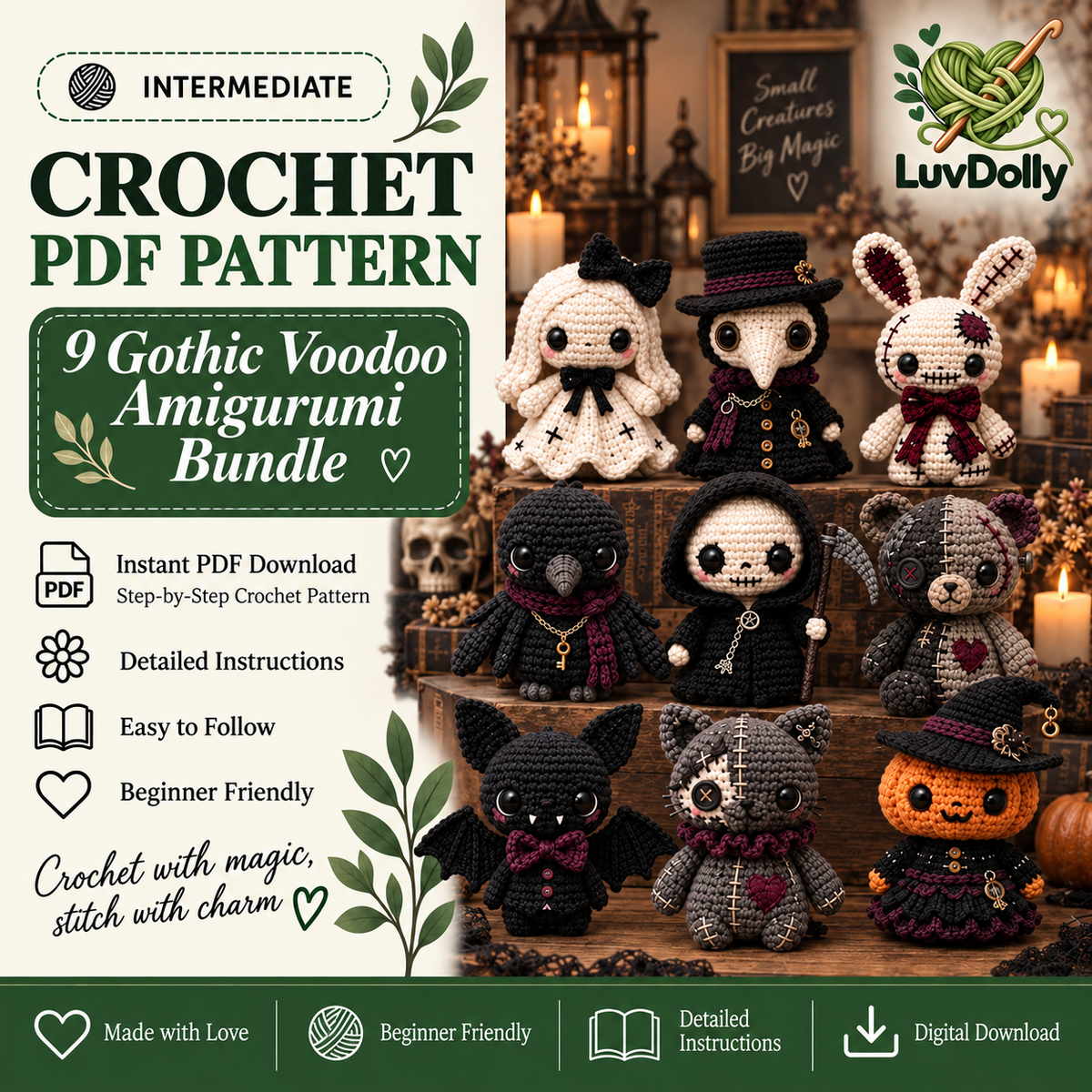9-in-1 Gothic Voodoo Amigurumi Crochet Pattern Bundle PDF | Spooky Halloween Dolls, Plague Doctor, Grim Reaper, Bat & Witch Patterns