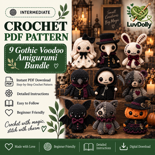 9-in-1 Gothic Voodoo Amigurumi Crochet Pattern Bundle PDF | Spooky Halloween Dolls, Plague Doctor, Grim Reaper, Bat & Witch Patterns