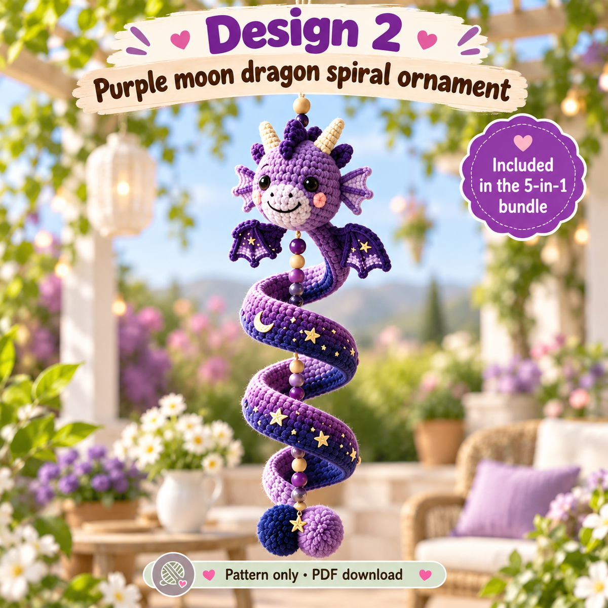 5-in-1 Dragon Crochet Pattern Bundle PDF | Spiral Hanging Dragon Ornament | Cute Fantasy Amigurumi Decor | Beginner Friendly Digital Download