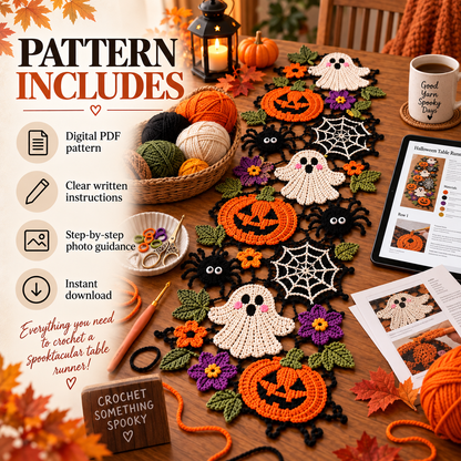 Halloween Crochet Table Runner Pattern PDF | Pumpkin Ghost Spider & Spiderweb Motifs | Spooky Fall Table Decor | Halloween Crochet Decoration