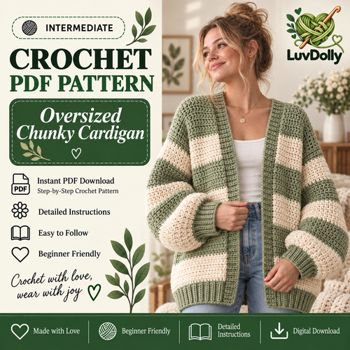 Oversized Chunky Cardigan Crochet Pattern PDF | Cozy Striped Women’s Sweater | Beginner Friendly Relaxed Cardigan Digital Download