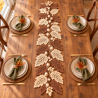 Autumn Leaf Table Runner Crochet Pattern PDF | Neutral Fall Garland with Leaves & Berries | Thanksgiving Farmhouse Decor | Digital Download