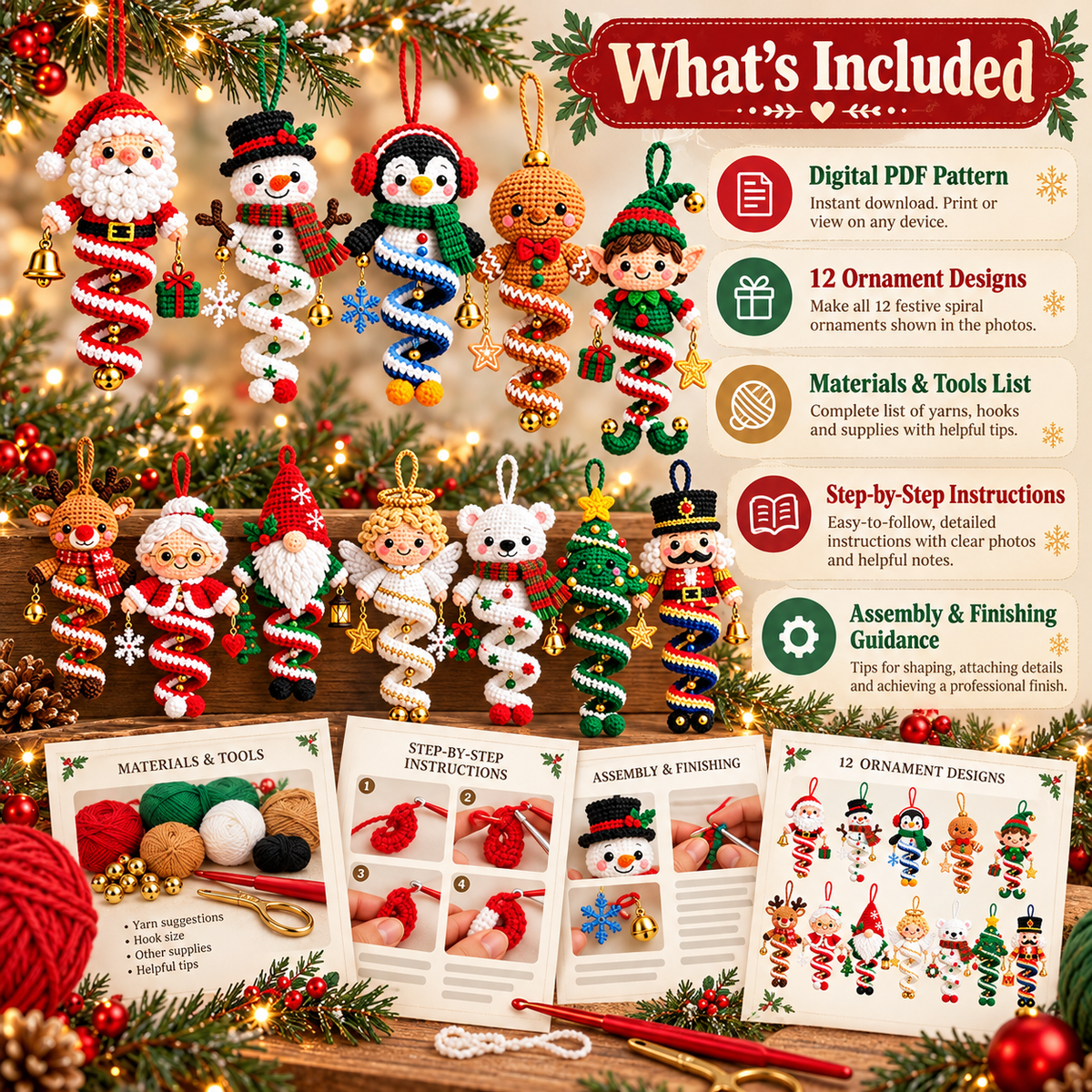 12 Christmas Spiral Ornament Crochet Patterns PDF | Holiday Amigurumi Bundle
