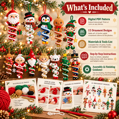 12 Christmas Spiral Ornament Crochet Patterns PDF | Holiday Amigurumi Bundle